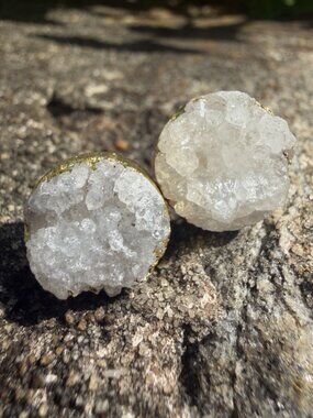 Bansri Gold Plated White Druzy Quartz Crystal Stud Earrings NEW Boho Festival